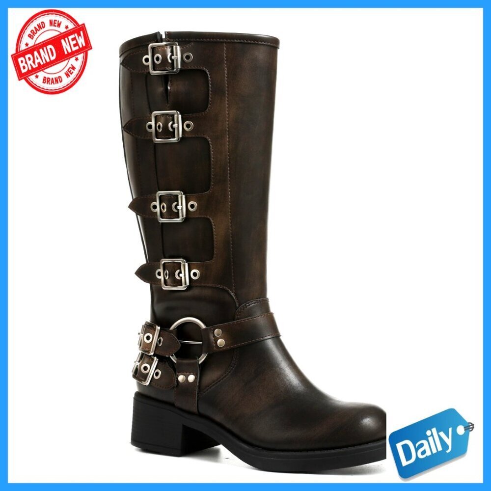 Knee High Boots Square Toe Pull On Wide Calf Riding Buckles Chunky Heel Vintage